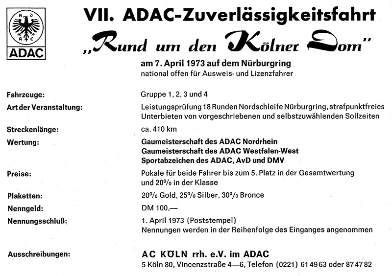 Anzeige zur VII. ADAC-Zuverlässigkeitsfahrt „Rund um den Kölner Dom“, 7. April 1973 auf dem Nürburgring (ONS-Mitteilungen 3/1973)